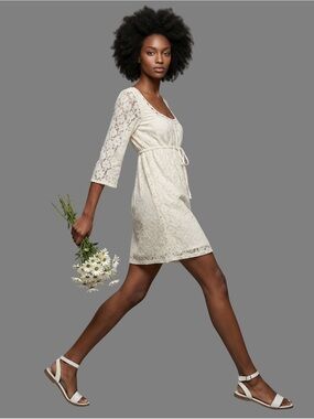 LAUNDRY White Eyelet Mini Dress
short puff sleeves WIDE scoop neck Empire waist